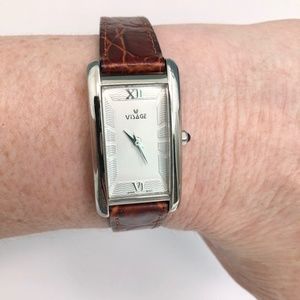 VISAGE Polished Nickel Scallop Face Brown Leather Vintage Analog Tank Watch EUC